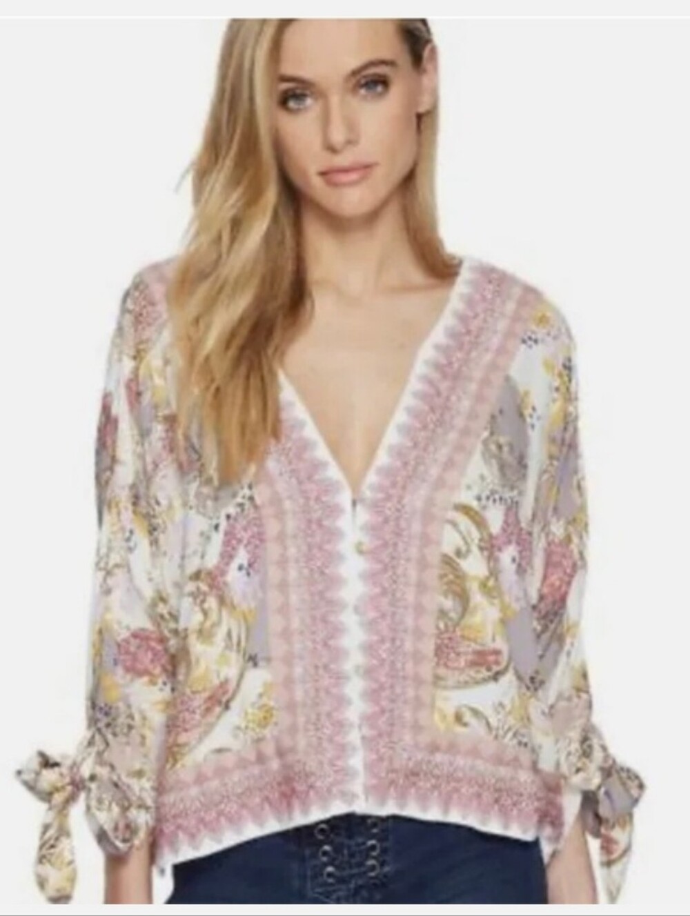 Free People Catch Me If You Can Floral Print V-Neck Tie-Sleeve Blouse